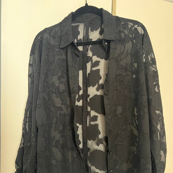 Black Sheer Button Down Floral Blouse Dress Shirt Large - Picture 4 of 10